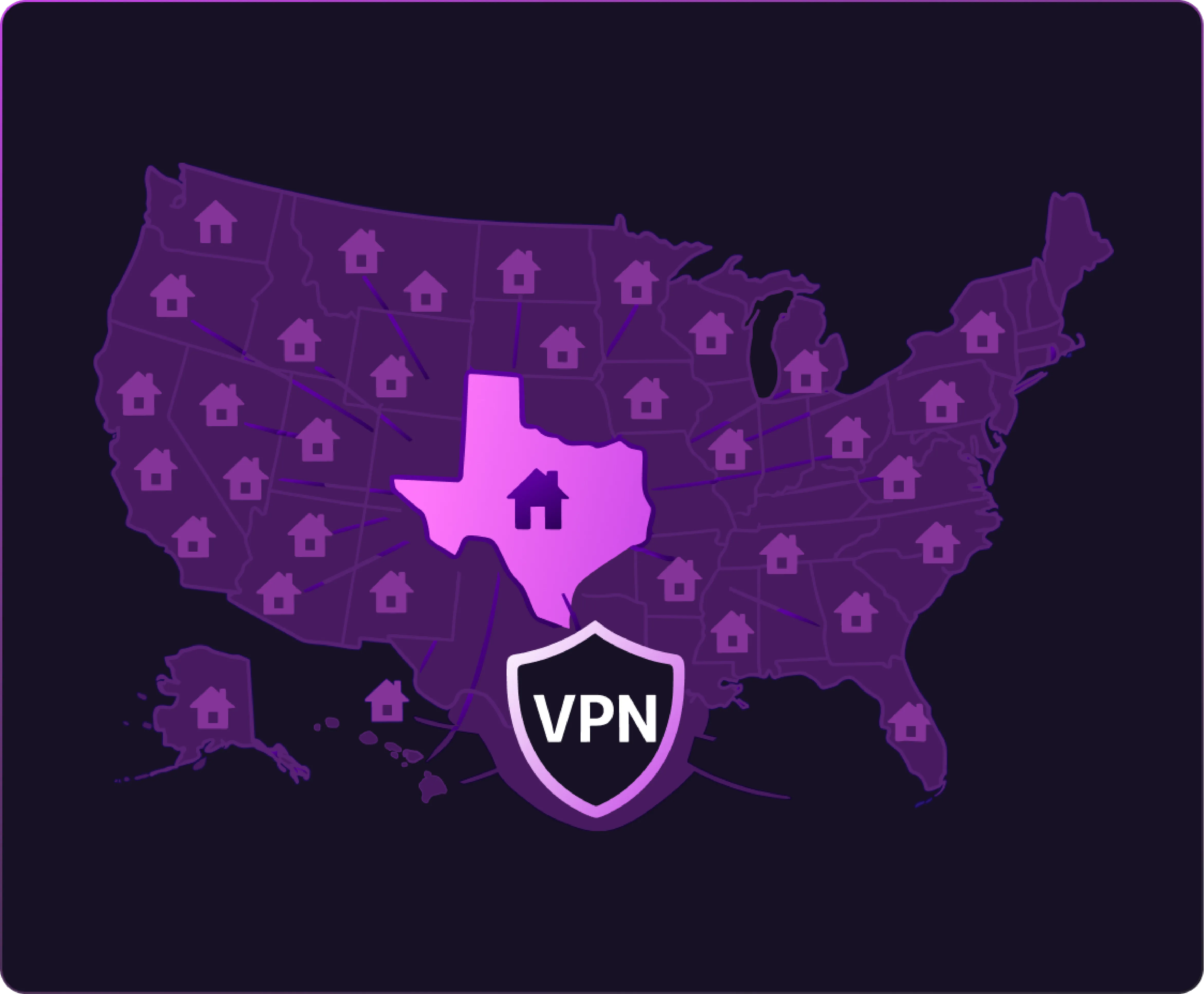 USA map with highlighted Texas area and a shield on it symbolizing VPN protection